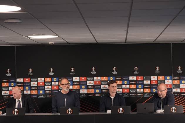 Europa League, FC Midtjylland vs TSG 1899 Hoffenheim 24.09.2024, MCH Arena, Herning, Europa League, FC Midtjylland vs TSG 1899 Hoffenheim , im Bild Pressekonferenz mit Trainer Pellegrino Matarazzo (Hoffenheim) und Jacob Bruun Larsen (Hoffenheim) Herning MCH Arena Dänemark