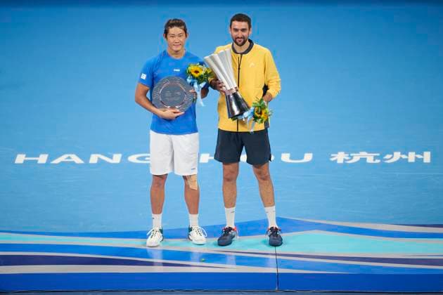 HANGZHOU, CHINA - SEPTEMBER 24: Runner-up Zhang Zhizhen (L) of China and champion Marin Cilic of Croatia celebrate after the Men s Singles Final match on day 7 of 2024 Hangzhou Open at the Hangzhou Olympic Sports Expo Center on September 24, 2024 in Hangzhou, Zhejiang Province of China.  Copyright: xVCGx 111519967895