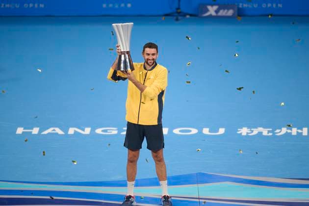 HANGZHOU, CHINA - SEPTEMBER 24: Champion Marin Cilic of Croatia poses with trophy after winning the Men s Singles Final match against Zhang Zhizhen of China on day 7 of 2024 Hangzhou Open at the Hangzhou Olympic Sports Expo Center on September 24, 2024 in Hangzhou, Zhejiang Province of China.  Copyright: xVCGx 111519967879