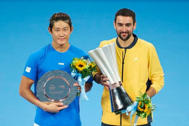 HANGZHOU, CHINA - SEPTEMBER 24: Runner-up Zhang Zhizhen (L) of China and champion Marin Cilic of Croatia celebrate after the Men s Singles Final match on day 7 of 2024 Hangzhou Open at the Hangzhou Olympic Sports Expo Center on September 24, 2024 in Hangzhou, Zhejiang Province of China.  Copyright: xVCGx 111519967872