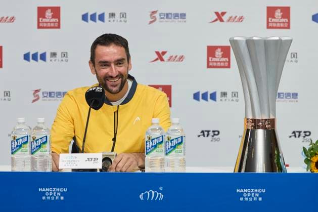 HANGZHOU, CHINA - SEPTEMBER 24: Champion Marin Cilic of Croatia attends a press conference, PK, Pressekonferenz after winning the Men s Singles Final match against Zhang Zhizhen of China on day 7 of 2024 Hangzhou Open at the Hangzhou Olympic Sports Expo Center on September 24, 2024 in Hangzhou, Zhejiang Province of China.  Copyright: xVCGx 111519967798
