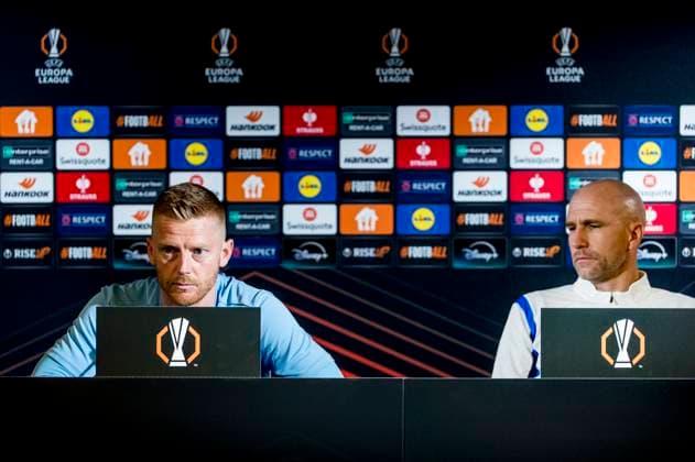 240925 Anders Christiansen and head coach Henrik Rydström of Malmö FF during a press conference, PK, Pressekonferenz with Malmö FF on September 25, 2024 in Malmö. Photo: Christian Örnberg BILDBYRAN COP 166 CO0470 fotboll football soccer fotball uefa europa league presskonferens press conference malmö ff bbeng Copyright: CHRISTIANxÖRNBERG BB240925CO055