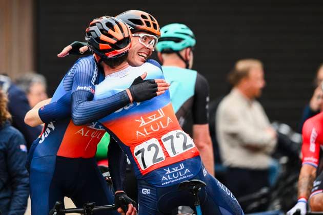 OMLOOP VAN HET HOUTLAND 2024 LICHTERVELDE, BELGIUM - SEPTEMBER 25 : Walscheid Max (GER) of Team Jayco AlUla celebrating his victory with Durbridge Luke (AUS) of Team Jayco AlUla pictured during the Omloop van het Houtland 2024 Cycling race with start in Eernegem and finish in Lichtervelde (195,3km). On September 25, 2024 in Lichtervelde, Belgium, 25-09-24 Lichtervelde Belgium  Copyright: xGvgx