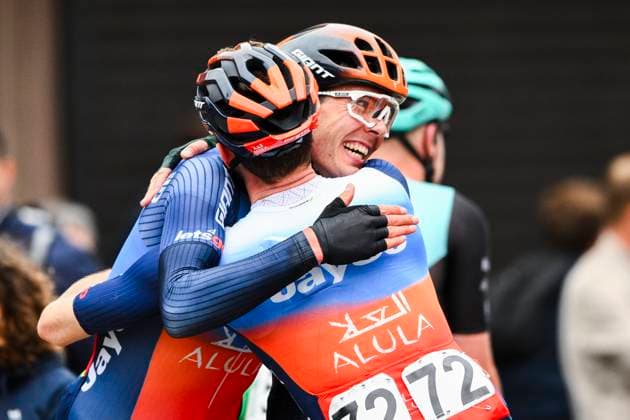 OMLOOP VAN HET HOUTLAND 2024 LICHTERVELDE, BELGIUM - SEPTEMBER 25 : Walscheid Max (GER) of Team Jayco AlUla celebrating his victory with Durbridge Luke (AUS) of Team Jayco AlUla pictured during the Omloop van het Houtland 2024 Cycling race with start in Eernegem and finish in Lichtervelde (195,3km). On September 25, 2024 in Lichtervelde, Belgium, 25-09-24 Lichtervelde Belgium  Copyright: xGvgx