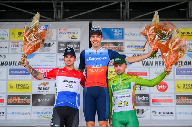 OMLOOP VAN HET HOUTLAND 2024 LICHTERVELDE, BELGIUM - SEPTEMBER 25 : Walscheid Max (GER) of Team Jayco AlUla, Groenewegen Dylan (NED) of Team Jayco AlUla, Barbier Pierre of Team Philippe Wagner Bazin on the podium pictured during the Omloop van het Houtland 2024 Cycling race with start in Eernegem and finish in Lichtervelde (195,3km). On September 25, 2024 in Lichtervelde, Belgium, 25-09-24 Lichtervelde Belgium  Copyright: xGvgx