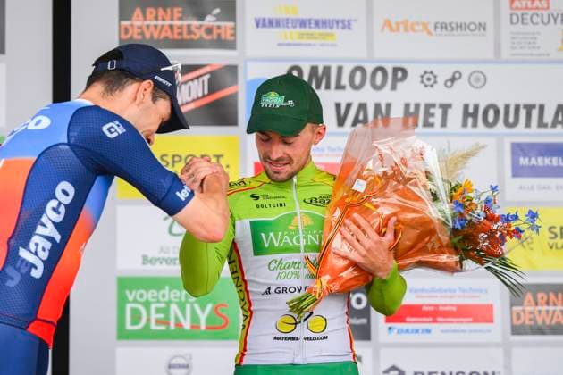 OMLOOP VAN HET HOUTLAND 2024 LICHTERVELDE, BELGIUM - SEPTEMBER 25 : Walscheid Max (GER) of Team Jayco AlUla, Barbier Pierre of Team Philippe Wagner Bazin on the podium pictured during the Omloop van het Houtland 2024 Cycling race with start in Eernegem and finish in Lichtervelde (195,3km). On September 25, 2024 in Lichtervelde, Belgium, 25-09-24 Lichtervelde Belgium  Copyright: xGvgx