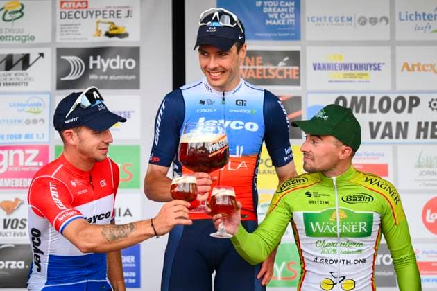 OMLOOP VAN HET HOUTLAND 2024 LICHTERVELDE, BELGIUM - SEPTEMBER 25 : Walscheid Max (GER) of Team Jayco AlUla, Groenewegen Dylan (NED) of Team Jayco AlUla, Barbier Pierre of Team Philippe Wagner Bazin on the podium pictured during the Omloop van het Houtland 2024 Cycling race with start in Eernegem and finish in Lichtervelde (195,3km). On September 25, 2024 in Lichtervelde, Belgium, 25-09-24 Lichtervelde Belgium  Copyright: xGvgx