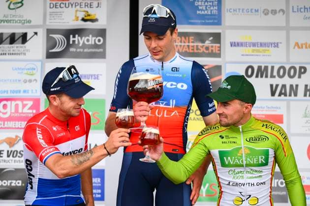 OMLOOP VAN HET HOUTLAND 2024 LICHTERVELDE, BELGIUM - SEPTEMBER 25 : Walscheid Max (GER) of Team Jayco AlUla, Groenewegen Dylan (NED) of Team Jayco AlUla, Barbier Pierre of Team Philippe Wagner Bazin on the podium pictured during the Omloop van het Houtland 2024 Cycling race with start in Eernegem and finish in Lichtervelde (195,3km). On September 25, 2024 in Lichtervelde, Belgium, 25-09-24 Lichtervelde Belgium  Copyright: xGvgx