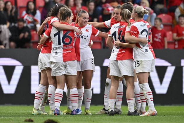 Soccer players of Slavia celebrate goal during the Slavia Praha UEFA Women s Champions League Group match SK Slavia Praha, vs. Galatasaray Istanbul in Prague, Czech Republic, September 25, 2024. (CTKxPhoto VitxSimanek) CTKPhotoP2024092507203  CTKPhotoP2024092507203