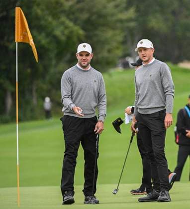 September 25, 2024, Montreal, Pq, Canada: International team members Corey Conners, left, and Mackenzie Hughes of Canada chat on the twelfth green during a practice round at the Presidents Cup at Royal Montreal Golf Club in Montreal, Wednesday, September 25, 2024. Canada News - September 25, 2024 - ZUMAc35_ 20240925_zaf_c35_042 Copyright: xGrahamxHughesx