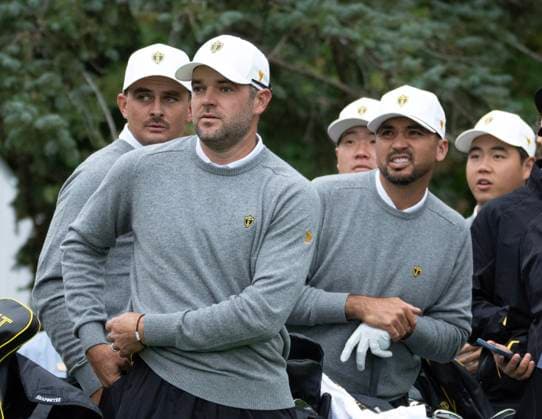 September 25, 2024, Montreal, Pq, Canada: International team members (left to right) Christiaan Bezuidenhout of South Africa, Corey Conners of Canada, second left, Sungjae Im of South Korea, Jason Day of Australia, and Tom Kim of South Korea, look on during practice at the Presidents Cup golf tournament at Royal Montreal Golf Club on Wednesday, Sept. 25, 2024 in Montreal. Canada News - September 25, 2024 - ZUMAc35_ 20240925_zaf_c35_035 Copyright: xRyanxRemiorzx