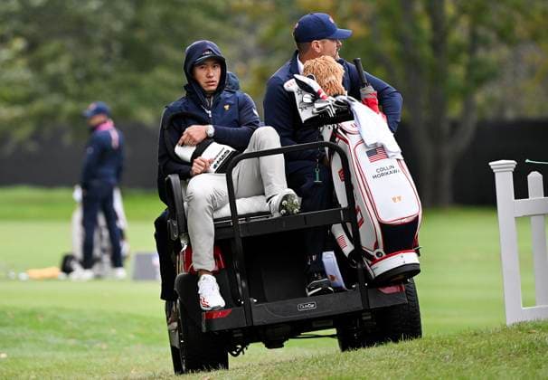 September 25, 2024, Montreal, Pq, Canada: United States team member Collin Morikawa, left, arrives to the practice range at the Presidents Cup at Royal Montreal Golf Club in Montreal, Wednesday, September 25, 2024. Canada News - September 25, 2024 - ZUMAc35_ 20240925_zaf_c35_065 Copyright: xGrahamxHughesx
