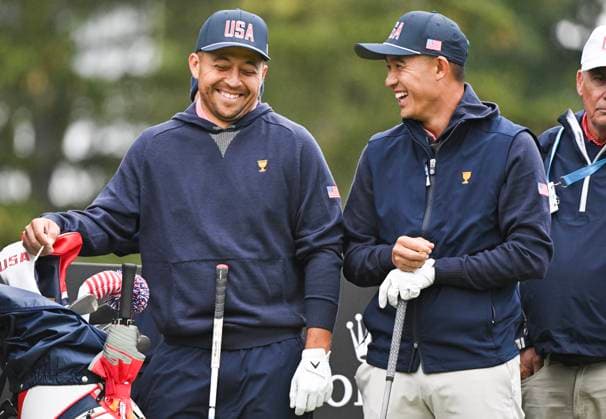 September 25, 2024, Montreal, Pq, Canada: United States team members Xander Schauffele, left, and Collin Morikawa share a joke during a practice round at the Presidents Cup at Royal Montreal Golf Club in Montreal, Wednesday, September 25, 2024. Canada News - September 25, 2024 - ZUMAc35_ 20240925_zaf_c35_029 Copyright: xGrahamxHughesx