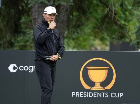 September 25, 2024, Montreal, Pq, Canada: International team captain Mike Weir speaks on the radio during the teams practice session at the President s Cup golf tournament at Royal Montreal Wednesday, September 25, 2024 in Montreal. Mike Weir,  - ZUMAc35_ 20240925_zaf_c35_020 Copyright: xRyanxRemiorzx