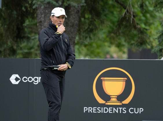 September 25, 2024, Ile Bizard, Pq, Canada: International team captain Mike Weir speaks on the radio during the teams practice session at the Presidents Cup golf tournament at Royal Montreal Wednesday, September 25, 2024 in Montreal. Mike Weir,  - ZUMAc35_ 20240925_zaf_c35_025 Copyright: xRyanxRemiorzx