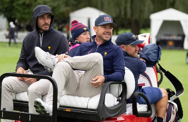 September 25, 2024, Montreal, Pq, CANADA: United States team members Max Homa, left and Brian Harman get a ride during a practice session at the Presidents Cup golf tournament at the Royal Montreal Golf Club, Wednesday, Sept. 25, 2024 in Montreal. Canada News - September 25, 2024  - ZUMAc35_ 20240925_zaf_c35_017 Copyright: xChristinnexMuschix