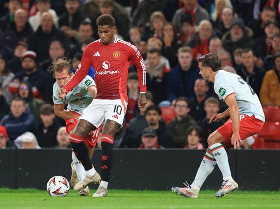 Marcus Rashford of Manchester United, ManU Manchester United v FC Twente, UEFA Europa League, Group Stage, Football, Old Trafford, Manchester, UK, 25 Sep 2024 EDITORIAL USE ONLY No use with unauthorised audio, video, data, fixture lists, club league logos or live services. Online in-match use limited to 120 images, no video emulation. No use in betting, games or single club league player publications. Copyright: xMattxWest Shutterstockx 14735174u