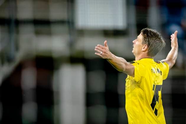 IF Elfsborg midfielder Simon Hedlund celebrating the goal, during the match AZ - Elfsborg at the AZ Stadium for the UEFA Europa League - League phase - Matchday 1 season 2024-2025 in ALKMAAR, Netherlands on 25 september 2024, (photo by Marcel van Dorst EYE4images DeFodi Images) Defodi-746_190580