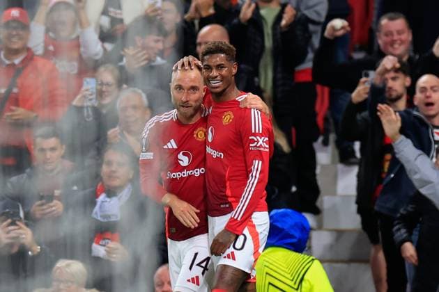Manchester United, ManU v FC Twente Europa League 25 09 2024. Marcus Rashford (10) of Manchester United celebrates with goalscorer Christian Eriksen (14) of Manchester United as he make it 1-0 during the Europa League match between Manchester United and FC Twente at Old Trafford, Manchester, England on 25 September 2024. Manchester Old Trafford Greater Manchester England Editorial use only , Copyright: xConorxMolloyx PSI-20476-0023