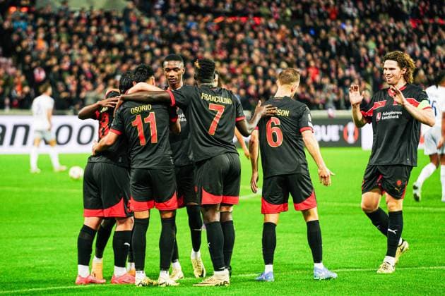 Torjubel FC Midtjylland nach Tor zum 1:0 Dario Osorio (FC Midtjylland, 11) DEN, FC Midtjylland vs. TSG 1899 Hoffenheim, Fussball, UEFA Europa League, Spieltag 1, Spielzeit 2024 25, 25.09.2024 DEN, FC Midtjylland vs. TSG 1899 Hoffenheim, Fussball, UEFA Europa League, Spieltag 1, Spielzeit 2024 25, 25.09.2024 Herning Copyright: xEibner-Pressefoto MarcelxvonxFehrnx EP_MFN