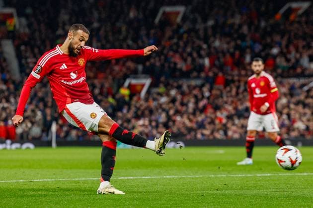 Noussair Mazraoui of Manchester United, ManU shot on goal , UEFA Europa League 2024 25 League Phase MD1, Manchester United v FC Twente, Old Trafford, September 25, 2024, Manchester, England.