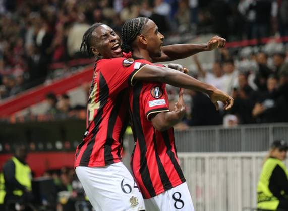 RECORD DATE NOT STATED nice real sociedad ligue Europa Serge Haouzi MAXPPP - Nice Nice le 25 septembre 2024 au stade de l Allianz Riviera l OgcNice revßoit le club espagnol de la Real Sociedad pour la compte de la ligue Europa phase de ligue 1 ere journee . Le joueur nicois Rosario egalise et jubile a gauche Bombito lors du match Ogc Nice Real Sociedad Nice Alpes Maritimes France France  Copyright: xMAXPPPxSergexHaouzix SHZ202409251384 SHZ202409251384