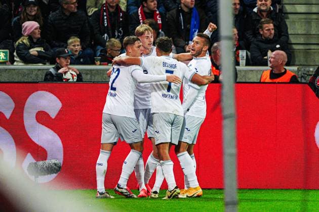 Torjubel TSG 1899 Hoffenheim nach Tor zum 1:1 Max Moerstedt (TSG 1899 Hoffenheim, 33) DEN, FC Midtjylland vs. TSG 1899 Hoffenheim, Fussball, UEFA Europa League, Spieltag 1, Spielzeit 2024 25, 25.09.2024 DEN, FC Midtjylland vs. TSG 1899 Hoffenheim, Fussball, UEFA Europa League, Spieltag 1, Spielzeit 2024 25, 25.09.2024 Herning Copyright: xEibner-Pressefoto MarcelxvonxFehrnx EP_MFN
