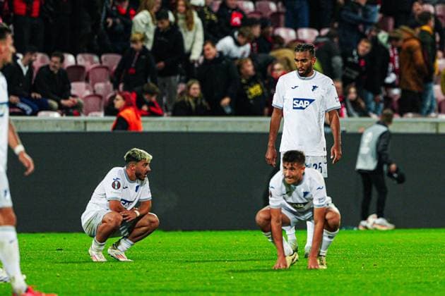 Enttaeuschung TSG 1899 Hoffenheim nach Unentschieden DEN, FC Midtjylland vs. TSG 1899 Hoffenheim, Fussball, UEFA Europa League, Spieltag 1, Spielzeit 2024 25, 25.09.2024 DEN, FC Midtjylland vs. TSG 1899 Hoffenheim, Fussball, UEFA Europa League, Spieltag 1, Spielzeit 2024 25, 25.09.2024 Herning Copyright: xEibner-Pressefoto MarcelxvonxFehrnx EP_MFN