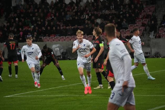 Europa League, FC Midtjylland vs TSG 1899 Hoffenheim 25.09.2024, MCH Arena, Herning, Europa League, FC Midtjylland vs TSG 1899 Hoffenheim , im Bild Max Moerstedt (Hoffenheim) freut sich über das Tor zum 1:1. Herning MCH Arena Dänemark