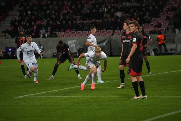 Europa League, FC Midtjylland vs TSG 1899 Hoffenheim 25.09.2024, MCH Arena, Herning, Europa League, FC Midtjylland vs TSG 1899 Hoffenheim , im Bild Max Moerstedt (Hoffenheim) freut sich über das Tor zum 1:1.