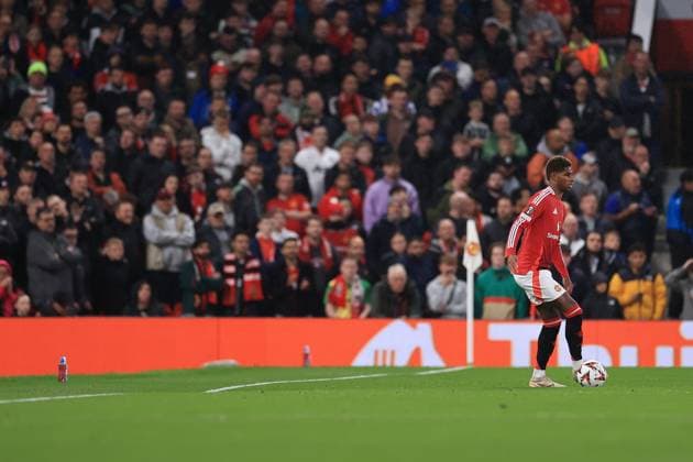 Football - UEFA Europa League - League Phase - Manchester United, ManU v FC Twente 25th September 2024 - UEFA Europa League - League Phase - Manchester United v FC Twente - Marcus Rashford of Manchester United in action alongside a dip in the pitch by the north touchline - Photo: Simon Stacpoole Offside. Manchester UK Copyright: xSimonxStacpoolexOffside