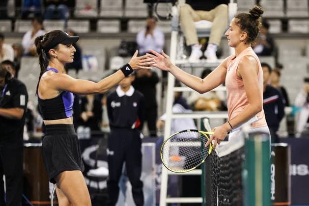 BEIJING, CHINA - SEPTEMBER 25: Elina Avanesyan of Armenia (L) high-five with Emina Bektas of America in the Women s Singles Round of 128 match on day three of 2024 China Open at National Tennis Center on September 25, 2024 in Beijing, China.  Copyright: xVCGx 111520138063