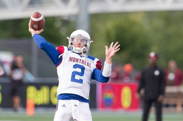 CFL 2018: Alouettes vs Redblacks AUG 31 August 31, 2018: Montreal Alouettes quarterback Johnny Manziel (2) warms up prior to the CFL game between Montreal Alouettes and Ottawa Redblacks at TD Place Stadium, in Ottawa, Canada. Daniel Lea CSM. Ottawa Ontario Canada EDITORIAL USE ONLY Copyright: xx ZUMA-20180831_zaf_c04_055.jpg DanielxLeax csmphototwo423084