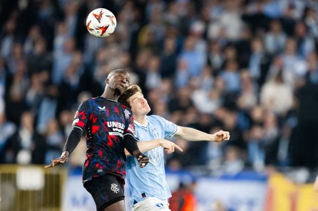 240926 Mohamed Diomande of Rangers and Oliver Berg of Malmö FF during the UEFA Europa League football match between Malmö FF and Rangers on September 26, 2024 in Malmö. Photo: Petter Arvidson BILDBYRAN kod PA PA0884 fotboll football soccer fotball uefa europa league malmö ff rangers bbeng Copyright: PETTERxARVIDSON BB240926PA061
