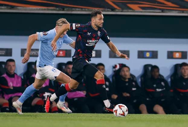 Ranger s Nedim Bajrami is chased by Malmö s Jens Stryger during the Europa League football match between Malmö FF and Rangers FC at Malmö New Stadium in Malmo, Sweden September 26, 2024. MALMÖ SVERIGE ttexport x10600x