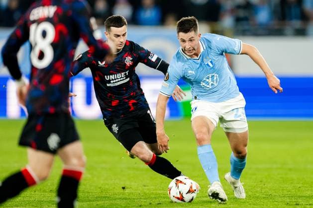 240926 Thomas Lawrence of Rangers and Lasse Berg Johnsen of Malmö FF during the UEFA Europa League football match between Malmö FF and Rangers on September 26, 2024 in Malmö. Photo: Petter Arvidson BILDBYRAN kod PA PA0884 fotboll football soccer fotball uefa europa league malmö ff rangers bbeng Copyright: PETTERxARVIDSON BB240926PA081