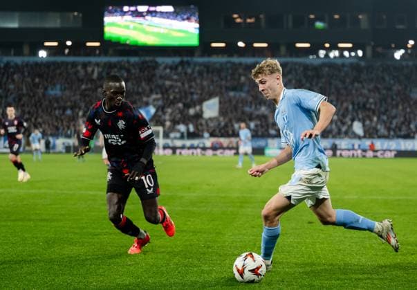 240926 Mohamed Diomande of Rangers and Hugo Bolin of Malmö FF during the UEFA Europa League football match between Malmö FF and Rangers on September 26, 2024 in Malmö. Photo: Petter Arvidson BILDBYRAN kod PA PA0884 fotboll football soccer fotball uefa europa league malmö ff rangers bbeng Copyright: PETTERxARVIDSON BB240926PA086