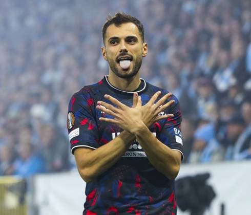 Nedim Bajrami of Rangers celebrates scoring his sides first goal during UEFA Europa League match at Eleda Stadion. Malmo v Rangers, UEFA Europa League, Group Stage, Football, Eleda Stadion, Malmo, Sweden - 26 Sep 2024 EDITORIAL USE ONLY No use with unauthorised audio, video, data, fixture lists, club league logos or live services. Online in-match use limited to 120 images, no video emulation. No use in betting, games or single club league player publications. Copyright: xKirkxO Rourke RangersxFC Shutterstockx 14741007x