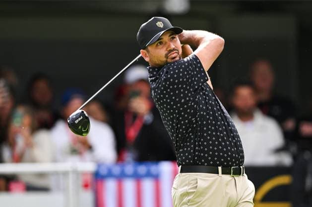 MONTREAL, QC - SEPTEMBER 26: International Team golfer Jason Day hits his tee shot on first hole at the 2024 Presidents Cup on September 26, 2024 at The Royal Montreal Golf Club in Montreal, QC (Photo by David Kirouac Icon Sportswire) GOLF: SEP 26 Presidents Cup EDITORIAL USE ONLY Icon240926013