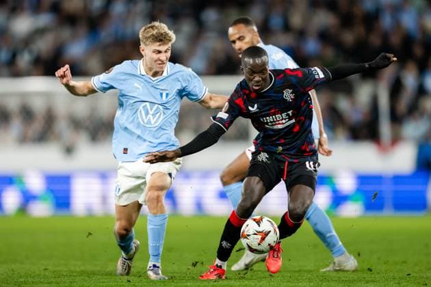 240926 Hugo Bolin of Malmö FF and Mohamed Diomande of Rangers during the UEFA Europa League football match between Malmö FF and Rangers on September 26, 2024 in Malmö. Photo: Petter Arvidson BILDBYRAN kod PA PA0884 fotboll football soccer fotball uefa europa league malmö ff rangers bbeng Copyright: PETTERxARVIDSON BB240926PA097