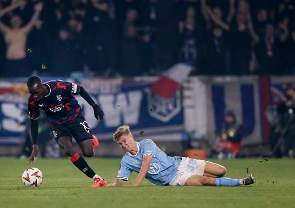 Rangers Mohamed Diomande and Malmö s Hugo Bolin during the Europa League football match between Malmö FF and Rangers FC at Malmö New Stadium in Malmo, Sweden September 26, 2024. MALMÖ SVERIGE ttexport x10600x