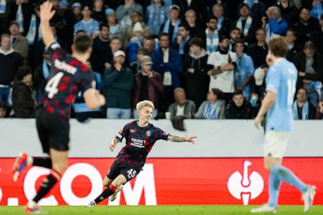 240926 Ross McCausland of Rangers celebrates after the 0-2 goal during the UEFA Europa League football match between Malmö FF and Rangers on September 26, 2024 in Malmö. Photo: Petter Arvidson BILDBYRAN kod PA PA0884 fotboll football soccer fotball uefa europa league malmö ff rangers bbeng jubel Copyright: PETTERxARVIDSON BB240926PA106