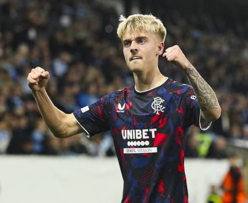 Ross McCausland of Rangers celebrates scoring his sides second goal during UEFA Europa League match at Eleda Stadion. Malmo v Rangers, UEFA Europa League, Group Stage, Football, Eleda Stadion, Malmo, Sweden - 26 Sep 2024 EDITORIAL USE ONLY No use with unauthorised audio, video, data, fixture lists, club league logos or live services. Online in-match use limited to 120 images, no video emulation. No use in betting, games or single club league player publications. Copyright: xKirkxO Rourke RangersxFC Shutterstockx 14741007cc