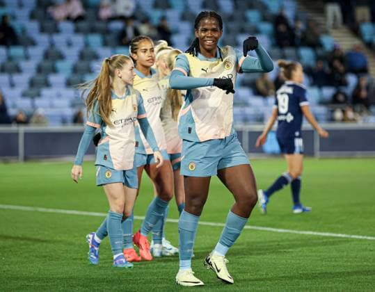 Khadija Shaw of Manchester City scores the 2nd goal and c celebrates Manchester City Women v Paris Women, UEFA Women s Champions League, Second Round, Second Leg, Football, Joie Stadium , Manchester, UK, 26 Sep 2024 EDITORIAL USE ONLY No use with unauthorised audio, video, data, fixture lists, club league logos or live services. Online in-match use limited to 120 images, no video emulation. No use in betting, games or single club league player publications. Copyright: xPaulxCurrie Shutterstockx 14739053s