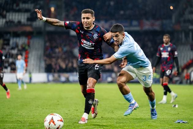 240926 James Tavernier of Rangers and Zakaria Loukili of Malmö FF during the UEFA Europa League football match between Malmö FF and Rangers on September 26, 2024 in Malmö. Photo: Petter Arvidson BILDBYRAN kod PA PA0884 fotboll football soccer fotball uefa europa league malmö ff rangers bbeng Copyright: PETTERxARVIDSON BB240926PA115