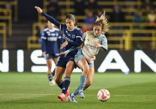 Clara Matà o of Paris FC and Laia Aleixandri of Manchester City Manchester City Women v Paris Women, UEFA Women s Champions League, Second Round, Second Leg, Football, Joie Stadium , Manchester, UK, 26 Sep 2024 EDITORIAL USE ONLY No use with unauthorised audio, video, data, fixture lists, club league logos or live services. Online in-match use limited to 120 images, no video emulation. No use in betting, games or single club league player publications. Copyright: xPaulxCurrie Shutterstockx 14739053w