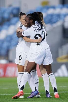 Real Madrid v Sporting CP: UEFA Women s Champions League 2nd Round 2nd Leg Several players of Real Madrid women celebrate a goal during the UEFA Women s Champions League 24 25 match, Round 2, second leg between Real Madrid and Sporting Portugal at Alfredo Di Stefano stadium in Madrid, Spain, on September 26. Madrid Spain  Copyright: xGuillermoxMartinezx originalFilename:martinez-uefawome240926_npC4E.jpg