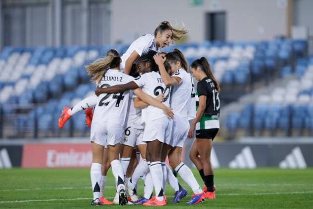 Real Madrid v Sporting CP: UEFA Women s Champions League 2nd Round 2nd Leg Several players of Real Madrid women celebrate a goal during the UEFA Women s Champions League 24 25 match, Round 2, second leg between Real Madrid and Sporting Portugal at Alfredo Di Stefano stadium in Madrid, Spain, on September 26. Madrid Spain  Copyright: xGuillermoxMartinezx originalFilename:martinez-uefawome240926_npd8T.jpg