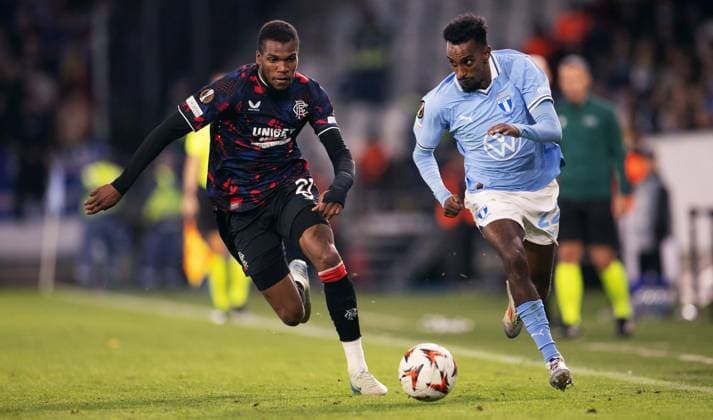 Ranger s Dijon Sterling and Malmö s Taha Ali during the Europa League football match between Malmö FF and Rangers FC at Malmö New Stadium in Malmo, Sweden September 26, 2024. MALMÖ SVERIGE ttexport x10600x