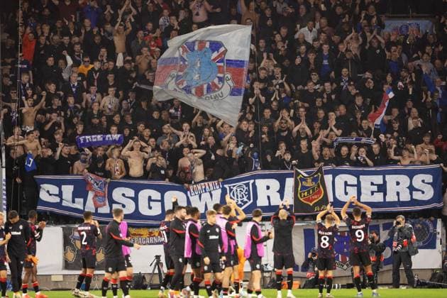 Rangers players are celebrated by their supporters after winning the Europa League football match between Malmö FF and Rangers FC at Malmö New Stadium in Malmo, Sweden September 26, 2024. MALMÖ SVERIGE ttexport x10600x